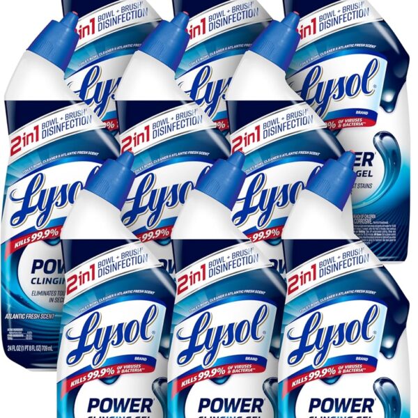 Lysol Toilet Bowl Cleaner, Max Strength Bathroom Cleaning Supplies, Toilet Bowl Cleaner Clinging Gel, Home Essential, Instant Stain Removal, Disinfecting and Deodorizing, Bleach Free, 24 oz (9 ct)