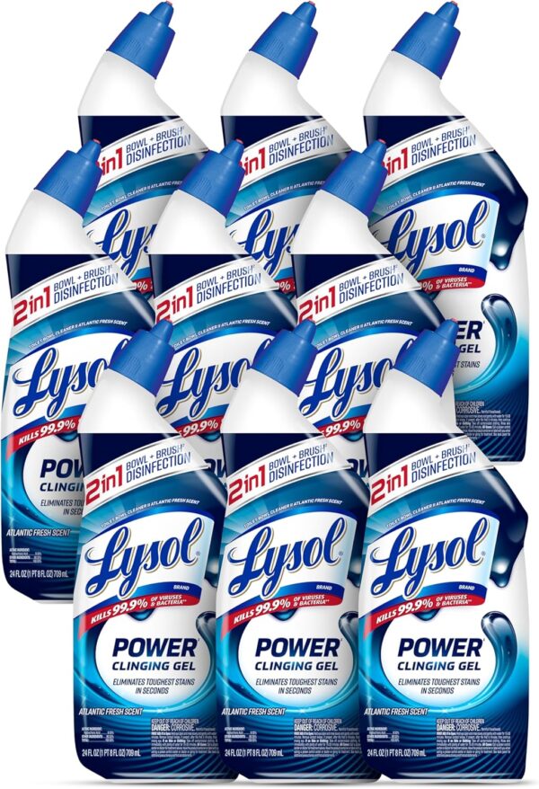 Lysol Toilet Bowl Cleaner, Max Strength Bathroom Cleaning Supplies, Toilet Bowl Cleaner Clinging Gel, Home Essential, Instant Stain Removal, Disinfecting and Deodorizing, Bleach Free, 24 oz (9 ct)