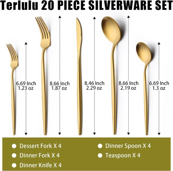 20/40 Piece Gold Silverware Set for 4, Terlulu Stainless Steel Flatware Set, Gold Cutlery Set Utensils Set, Tableware Include Forks Knives Spoons for Home Kitchen Restaurant Wedding, Satin Finish