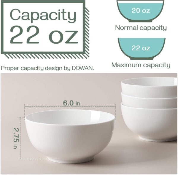 DOWAN 22 OZ White Ceramic Bowls Set of 4 - Perfect for Soup Bowls for Kitchen, Cereal Bowl, Ramen Bowl, Microwave Safe for Oatmeal, Fruit,Salad and Rice Bowl - Dishwasher & Microwave Safe