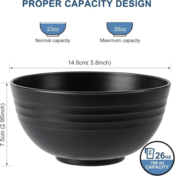 HOTEC Unbreakable Wheat Straw Cereal Bowls - Microwave & Dishwasher Safe Soup and Salad Bowls, Set of 8, 26oz, BPA Free, Black