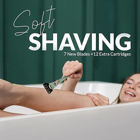 Razors for Women — 7 Blade Women's Razors for Sensitive Skin - Shaving Kit Includes 2 Rubber Handles & 14 Lubricating Strip Cartridges - Pubic Hair Razor for Women & Girls with 14 Blade Refills