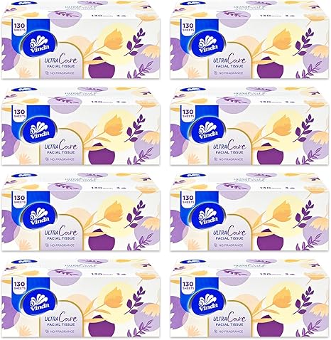 3-Ply Ultra Care Facial Tissues – 130 Soft & Strong Sheets per Box, 8 Flat Boxes – Hypoallergenic, Gentle for Sensitive Skin, Ideal for Home, Office, and Everyday Use