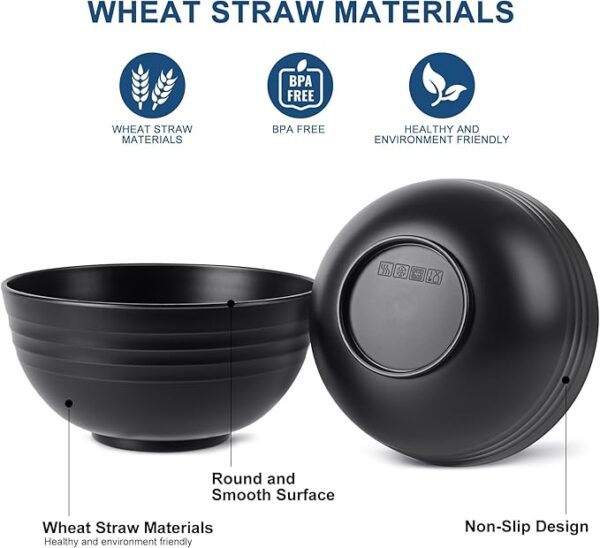 HOTEC Unbreakable Wheat Straw Cereal Bowls - Microwave & Dishwasher Safe Soup and Salad Bowls, Set of 8, 26oz, BPA Free, Black