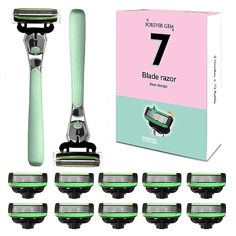 Razors for Women — 7 Blade Women's Razors for Sensitive Skin - Shaving Kit Includes 2 Rubber Handles & 14 Lubricating Strip Cartridges - Pubic Hair Razor for Women & Girls with 14 Blade Refills