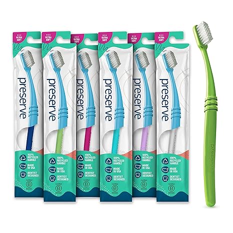 Preserve Eco Friendly Adult Toothbrushes, Made in The USA from Recycled Plastic, Lightweight Package, Ultra Soft Bristles, Colors Vary, 6 Pack