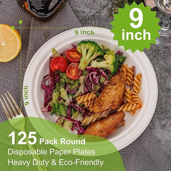 100% Compostable Paper Plates, 125-Pack Heavy Duty Paper Plates Bulk,Biodegradable Bagasse,Eco-Friendly Disposable Dessert Plate for BBQ,Picnic,Party (BPI Certified,Microwaveable)