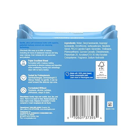 Makeup Remover Wipes, Daily Facial Cleanser Towelettes, Gently Cleanse and Remove Oil & Makeup, Alcohol-Free Makeup Wipes, 2 x 25 ct