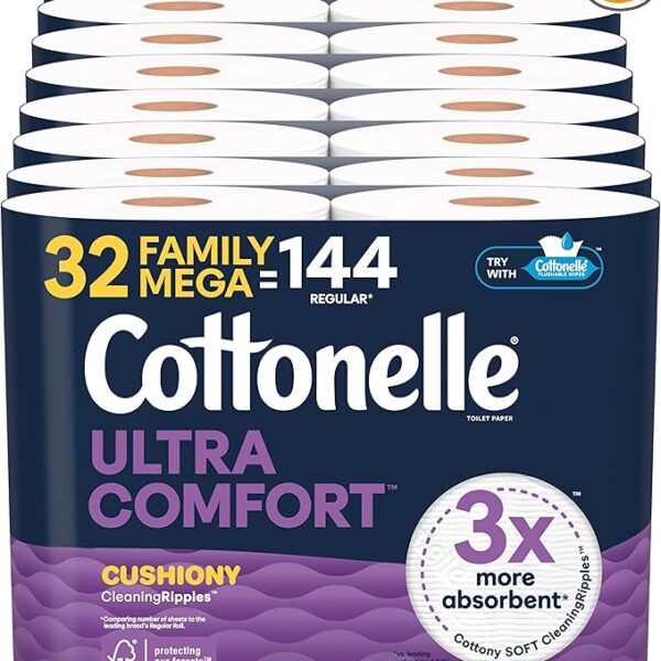 Cottonelle Ultra Comfort Toilet Paper with Cushiony CleaningRipples Texture, Strong Bath Tissue, 24 Family Mega Rolls (24 Family Mega Rolls = 108 Regular Rolls) (4 Packs of 6), 296 Sheets per Roll