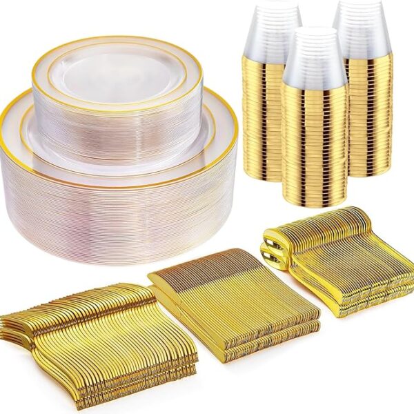WELLIFE 300Pcs Clear Gold Dinnerware, Clear and Gold Plates Heavy Duty, Including 50 Dinner and 50 Dessert Plates, 50 Cups, 50 Silverware