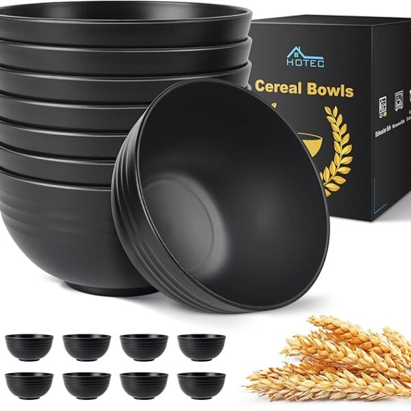 HOTEC Unbreakable Wheat Straw Cereal Bowls - Microwave & Dishwasher Safe Soup and Salad Bowls, Set of 8, 26oz, BPA Free, Black